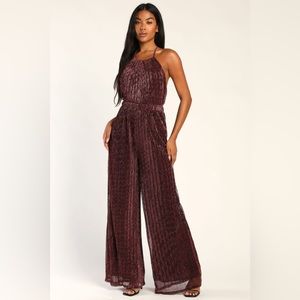 Shiny plum wide leg halter jumpsuit